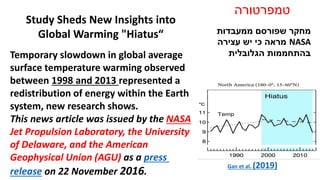 Study Sheds New Insights into
Global Warming "Hiatus“
Temporary slowdown in global average
surface temperature warming observed
between 1998 and 2013 represented a
redistribution of energy within the Earth
system, new research shows.
This news article was issued by the NASA
Jet Propulsion Laboratory, the University
of Delaware, and the American
Geophysical Union (AGU) as a press
release on 22 November 2016.
Gan et al. (2019)
‫ממעבדות‬ ‫שפורסם‬ ‫מחקר‬
NASA‫עצירה‬ ‫יש‬ ‫כי‬ ‫מראה‬
‫הגלובלית‬ ‫בהתחממות‬
‫טמפרטורה‬
 