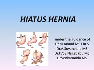 HIATUS HERNIA
under the guidance of
Dr.M.Anand MS.FRCS.
Dr.A.Suvarchala MS.
Dr.TVSS.Nagababu MS.
Dr.Venkatnaidu MS.
 