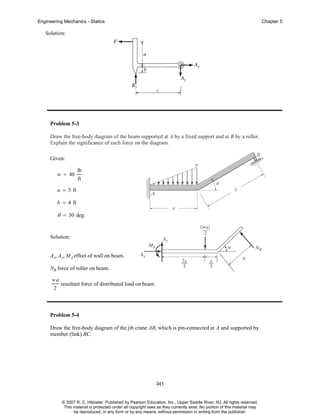 Engineering Mechanics - Statics

Chapter 5

Solution:

Problem 5-3
Draw the free-body diagram of the beam supported at A by a fixed support and at B by a roller.
Explain the significance of each force on the diagram.
Given:
w = 40

lb
ft

a = 3 ft
b = 4 ft

θ = 30 deg

Solution:

A x, A y, MA effect of wall on beam.
NB force of roller on beam.
wa
2

resultant force of distributed load on beam.

Problem 5-4
Draw the free-body diagram of the jib crane AB, which is pin-connected at A and supported by
member (link) BC.

341

© 2007 R. C. Hibbeler. Published by Pearson Education, Inc., Upper Saddle River, NJ. All rights reserved.
This material is protected under all copyright laws as they currently exist. No portion of this material may
be reproduced, in any form or by any means, without permission in writing from the publisher.

 