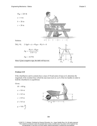 Engineering Mechanics - Statics

Chapter 5

WM = 225 lb
a = 6 in
b = 20 in
c = 20 in

Solution:
ΣMA = 0;

2 NB( b + c) + WM a − WT b = 0

NB =

WT b − WM a
2 ( b + c)

NB = −4.37 lb
Since NB has a negative sign, the table will tip over.

Problem 5-35
If the wheelbarrow and its contents have a mass of M and center of mass at G, determine the
magnitude of the resultant force which the man must exert on each of the two handles in order to
hold the wheelbarrow in equilibrium.
Given:
M = 60 kg
a = 0.6 m
b = 0.5 m
c = 0.9 m
d = 0.5 m
g = 9.81

m
2

s

368

© 2007 R. C. Hibbeler. Published by Pearson Education, Inc., Upper Saddle River, NJ. All rights reserved.
This material is protected under all copyright laws as they currently exist. No portion of this material may
be reproduced, in any form or by any means, without permission in writing from the publisher.

 