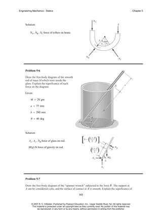 Engineering Mechanics - Statics

Chapter 5

Solution:
NA , NB , NC force of rollers on beam.

Problem 5-6
Draw the free-body diagram of the smooth
rod of mass M which rests inside the
glass. Explain the significance of each
force on the diagram.
Given:
M = 20 gm
a = 75 mm
b = 200 mm

θ = 40 deg

Solution:
A x , A y , NB force of glass on rod.
M(g) N force of gravity on rod.

Problem 5-7
Draw the free-body diagram of the “spanner wrench” subjected to the force F. The support at
A can be considered a pin, and the surface of contact at B is smooth. Explain the significance of
343

© 2007 R. C. Hibbeler. Published by Pearson Education, Inc., Upper Saddle River, NJ. All rights reserved.
This material is protected under all copyright laws as they currently exist. No portion of this material may
be reproduced, in any form or by any means, without permission in writing from the publisher.

 