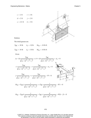 Engineering Mechanics - Statics

Chapter 5

c = 2 ft

i = 2 ft

d = 2 ft

j = 2 ft

e = 2.5 ft

k = 3 ft

Solution:
The initial guesses are:
TBC = 10 lb

Ax = 10 lb

MAx = 10 lb⋅ ft

TDE = 10 lb

Ay = 10 lb

MAy = 10 lb⋅ ft

Given
TDE

( a − k)

2

2

( a − k) + i + j
−i

TDE
2

( a − k) + i + j

j

TBC
2

2

2

2

TBC

2

2

2

+ Ax = 0

+ Ay = 0

−W=0
2

2

( d − b) + i + c

i
2

2

( a − k) + i + j

MAy − TDE k

2

( d − b) + i + c

+c

( a − k) + i + j

MAx + TDE j

2

( d − b) + i + c

2

TDE
2

2

−i
2

TBC

+ ( −b + d)

2

j
2

2

( a − k) + i + j

2

i

+ c TBC

2

− Wi = 0
2

2

2

2

( d − b) + i + c

d

+ TBC c

2

+ W ( k − f) = 0

( d − b) + i + c

416

© 2007 R. C. Hibbeler. Published by Pearson Education, Inc., Upper Saddle River, NJ. All rights reserved.
This material is protected under all copyright laws as they currently exist. No portion of this material may
be reproduced, in any form or by any means, without permission in writing from the publisher.

 