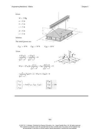 Engineering Mechanics - Statics

Chapter 5

Given:
M = 3 Mg
a = 4m
b = 3m
c = 3m
d = 4m
e = 2m
Solution:
The initial guesses are:
F AC = 10 N

F BC = 10 N

F DE = 10 N

Given
b ( F AC)
2

2

a +b

−

c ( F BC)
2

=0

2

a +c

M g e − ( F AC) a

d+e
2

2

− FBC

a +b
a
2

2

a( d + e)
2

=0

2

a +c

F BC( b + c) − M g b + FDE b = 0

a +c

⎛ FAC ⎞
⎜
⎟
FBC ⎟ = Find ( F AC , F BC , F DE)
⎜
⎜F ⎟
⎝ DE ⎠

⎛ FAC ⎞
⎜
⎟
FBC ⎟ = kN
⎜
⎜F ⎟
⎝ DE ⎠

423

© 2007 R. C. Hibbeler. Published by Pearson Education, Inc., Upper Saddle River, NJ. All rights reserved.
This material is protected under all copyright laws as they currently exist. No portion of this material may
be reproduced, in any form or by any means, without permission in writing from the publisher.

 