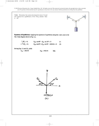 133
© 2010 Pearson Education, Inc., Upper Saddle River, NJ. All rights reserved.This material is protected under all copyright laws as they currently
exist. No portion of this material may be reproduced, in any form or by any means, without permission in writing from the publisher.
*3–16. Determine the tension developed in wires and
required for equilibrium of the 10-kg cylinder. Take
.
u = 40°
CB
CA
30°
A B
C
u
3 Solutions 44918 1/21/09 4:25 PM Page 133
 