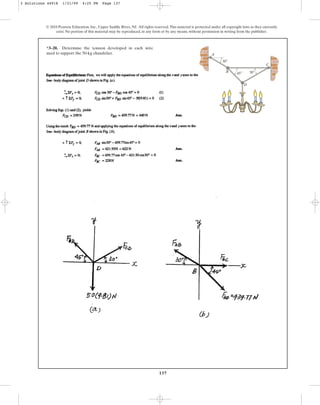 137
*3–20. Determine the tension developed in each wire
used to support the 50-kg chandelier.
© 2010 Pearson Education, Inc., Upper Saddle River, NJ. All rights reserved.This material is protected under all copyright laws as they currently
exist. No portion of this material may be reproduced, in any form or by any means, without permission in writing from the publisher.
A
B
D
C
30⬚
30⬚
45⬚
3 Solutions 44918 1/21/09 4:25 PM Page 137
 