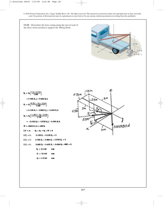 167
© 2010 Pearson Education, Inc., Upper Saddle River, NJ. All rights reserved.This material is protected under all copyright laws as they currently
exist. No portion of this material may be reproduced, in any form or by any means, without permission in writing from the publisher.
•3–53. Determine the force acting along the axis of each of
the three struts needed to support the 500-kg block.
0.75 m
1.25 m
3 m
2.5 m
z
A
B
C
D
x
y
2 m
3 Solutions 44918 1/21/09 4:25 PM Page 167
 
