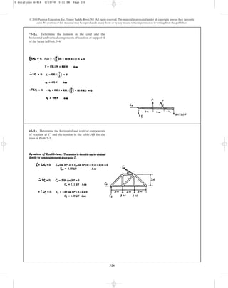 326
© 2010 Pearson Education, Inc., Upper Saddle River, NJ. All rights reserved.This material is protected under all copyright laws as they currently
exist. No portion of this material may be reproduced, in any form or by any means, without permission in writing from the publisher.
*5–12. Determine the tension in the cord and the
horizontal and vertical components of reaction at support A
of the beam in Prob. 5–4.
•5–13. Determine the horizontal and vertical components
of reaction at C and the tension in the cable AB for the
truss in Prob. 5–5.
5 Solutions 44918 1/23/09 5:11 PM Page 326
 