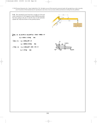 332
© 2010 Pearson Education, Inc., Upper Saddle River, NJ. All rights reserved.This material is protected under all copyright laws as they currently
exist. No portion of this material may be reproduced, in any form or by any means, without permission in writing from the publisher.
5–22. The articulated crane boom has a weight of 125 lb and
center of gravity at G.If it supports a load of 600 lb,determine
the force acting at the pin A and the force in the hydraulic
cylinder BC when the boom is in the position shown.
C
40
B
G
A 1 ft
4 ft
1 ft
8 ft
5 Solutions 44918 1/23/09 5:11 PM Page 332
 