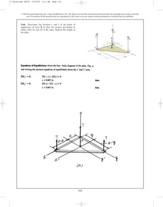 372
5–66. Determine the location x and y of the point of
application of force P so that the tension developed in
cables AB, CD, and EF is the same. Neglect the weight of
the plate.
© 2010 Pearson Education, Inc., Upper Saddle River, NJ. All rights reserved.This material is protected under all copyright laws as they currently
exist. No portion of this material may be reproduced, in any form or by any means, without permission in writing from the publisher.
z
F
B
D
A
y
x
x y
E
C
P
2 m
2 m
5 Solutions 44918 1/23/09 5:11 PM Page 372
 