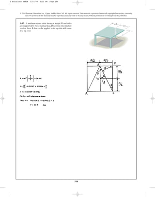 394
© 2010 Pearson Education, Inc., Upper Saddle River, NJ. All rights reserved.This material is protected under all copyright laws as they currently
exist. No portion of this material may be reproduced, in any form or by any means, without permission in writing from the publisher.
5–87. A uniform square table having a weight W and sides
a is supported by three vertical legs. Determine the smallest
vertical force P that can be applied to its top that will cause
it to tip over.
a/2
a/2
a
5 Solutions 44918 1/23/09 5:12 PM Page 394
 