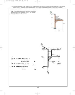 395
© 2010 Pearson Education, Inc., Upper Saddle River, NJ. All rights reserved.This material is protected under all copyright laws as they currently
exist. No portion of this material may be reproduced, in any form or by any means, without permission in writing from the publisher.
*5–88. Determine the horizontal and vertical components
of reaction at the pin A and the force in the cable BC.
Neglect the thickness of the members. B
C
A
4.5 m
4 m
100 N
3 m
200 N/m
30
5 Solutions 44918 1/23/09 5:12 PM Page 395
 