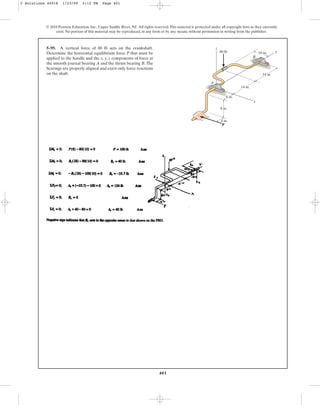 401
5–95. A vertical force of 80 lb acts on the crankshaft.
Determine the horizontal equilibrium force P that must be
applied to the handle and the x, y, z components of force at
the smooth journal bearing A and the thrust bearing B.The
bearings are properly aligned and exert only force reactions
on the shaft.
© 2010 Pearson Education, Inc., Upper Saddle River, NJ. All rights reserved.This material is protected under all copyright laws as they currently
exist. No portion of this material may be reproduced, in any form or by any means, without permission in writing from the publisher.
A
P
B
z
x
y
80 lb
14 in.
10 in.
14 in.
6 in.
4 in.
8 in.
5 Solutions 44918 1/23/09 5:12 PM Page 401
 