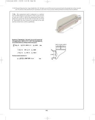402
*5–96. The symmetrical shelf is subjected to a uniform
load of 4 kPa. Support is provided by a bolt (or pin) located
at each end A and and by the symmetrical brace arms,
which bear against the smooth wall on both sides at B and
. Determine the force resisted by each bolt at the wall
and the normal force at B for equilibrium.
B¿
A¿
© 2010 Pearson Education, Inc., Upper Saddle River, NJ. All rights reserved.This material is protected under all copyright laws as they currently
exist. No portion of this material may be reproduced, in any form or by any means, without permission in writing from the publisher.
0.2 m
0.15 m
4 kPa
1.5 m
A
A¿
B
B¿
5 Solutions 44918 1/23/09 5:12 PM Page 402
 