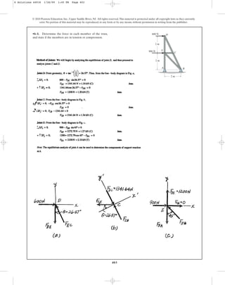 403
•6–1. Determine the force in each member of the truss,
and state if the members are in tension or compression.
© 2010 Pearson Education, Inc., Upper Saddle River, NJ. All rights reserved.This material is protected under all copyright laws as they currently
exist. No portion of this material may be reproduced, in any form or by any means, without permission in writing from the publisher.
600 N
900 N
2 m
2 m
2 m
A
C
E
D
B
6 Solutions 44918 1/26/09 1:45 PM Page 403
 