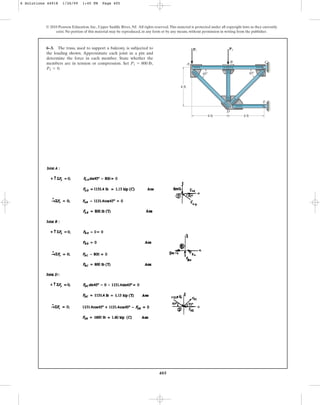 405
6–3. The truss, used to support a balcony, is subjected to
the loading shown. Approximate each joint as a pin and
determine the force in each member. State whether the
members are in tension or compression. Set
P2 = 0.
P1 = 800 lb,
© 2010 Pearson Education, Inc., Upper Saddle River, NJ. All rights reserved.This material is protected under all copyright laws as they currently
exist. No portion of this material may be reproduced, in any form or by any means, without permission in writing from the publisher.
45⬚
4 ft 4 ft
45⬚
D
E
C
B
P2
A
4 ft
P1
6 Solutions 44918 1/26/09 1:45 PM Page 405
 