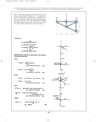 407
•6–5. Assume that each member of the truss is made of steel
having a mass per length of 4 kg/m. Set , determine the
force in each member, and indicate if the members are in
tension or compression.Neglect the weight of the gusset plates
and assume each joint is a pin. Solve the problem by assuming
the weight of each member can be represented as a vertical
force, half of which is applied at the end of each member.
P = 0
© 2010 Pearson Education, Inc., Upper Saddle River, NJ. All rights reserved.This material is protected under all copyright laws as they currently
exist. No portion of this material may be reproduced, in any form or by any means, without permission in writing from the publisher.
A
E
D
C
B
P
P
2P
4 m
4 m 4 m
6 Solutions 44918 1/26/09 1:45 PM Page 407
 