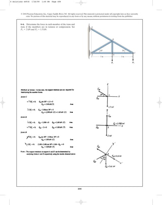 408
6–6. Determine the force in each member of the truss and
state if the members are in tension or compression. Set
and .
P2 = 1.5 kN
P1 = 2 kN
© 2010 Pearson Education, Inc., Upper Saddle River, NJ. All rights reserved.This material is protected under all copyright laws as they currently
exist. No portion of this material may be reproduced, in any form or by any means, without permission in writing from the publisher.
A
E D
30⬚ 30⬚
B
C
3 m 3 m
P2
P1
6 Solutions 44918 1/26/09 1:45 PM Page 408
 
