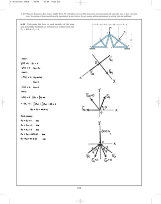 412
6–10. Determine the force in each member of the truss
and state if the members are in tension or compression. Set
, .
P2 = 0
P1 = 800 lb
© 2010 Pearson Education, Inc., Upper Saddle River, NJ. All rights reserved.This material is protected under all copyright laws as they currently
exist. No portion of this material may be reproduced, in any form or by any means, without permission in writing from the publisher.
6 ft
A
G
B
C
F
D
E
P1
P2
4 ft 4 ft 4 ft 4 ft
6 Solutions 44918 1/26/09 1:45 PM Page 412
 