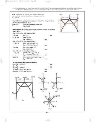 416
6–14. Determine the force in each member of the truss,
and state if the members are in tension or compression. Set
.
P = 2500 lb
© 2010 Pearson Education, Inc., Upper Saddle River, NJ. All rights reserved.This material is protected under all copyright laws as they currently
exist. No portion of this material may be reproduced, in any form or by any means, without permission in writing from the publisher.
4 ft
4 ft
1200 lb 1200 lb
P
4 ft 4 ft 4 ft
A B
F
E D C
G
30 30
6 Solutions 44918 1/26/09 1:45 PM Page 416
 