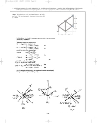 418
*6–16. Determine the force in each member of the truss,
and state if the members are in tension or compression. Set
.
P = 5 kN
© 2010 Pearson Education, Inc., Upper Saddle River, NJ. All rights reserved.This material is protected under all copyright laws as they currently
exist. No portion of this material may be reproduced, in any form or by any means, without permission in writing from the publisher.
A
C
B
D
E
P
1.5 m
1.5 m
2 m
2 m
1.5 m
6 Solutions 44918 1/26/09 1:45 PM Page 418
 