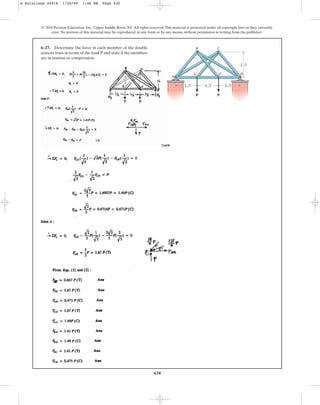430
© 2010 Pearson Education, Inc., Upper Saddle River, NJ. All rights reserved.This material is protected under all copyright laws as they currently
exist. No portion of this material may be reproduced, in any form or by any means, without permission in writing from the publisher.
6–27. Determine the force in each member of the double
scissors truss in terms of the load P and state if the members
are in tension or compression.
A
D
F
E
P P
B C
L/3
L/3
L/3
L/3
6 Solutions 44918 1/26/09 1:46 PM Page 430
 