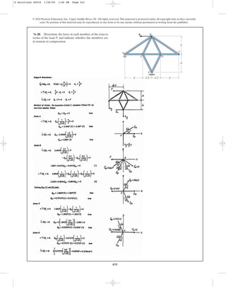 431
© 2010 Pearson Education, Inc., Upper Saddle River, NJ. All rights reserved.This material is protected under all copyright laws as they currently
exist. No portion of this material may be reproduced, in any form or by any means, without permission in writing from the publisher.
*6–28. Determine the force in each member of the truss in
terms of the load P, and indicate whether the members are
in tension or compression.
A
B
C
D
F
E
P
d
d
d d/2 d/2 d
6 Solutions 44918 1/26/09 1:46 PM Page 431
 