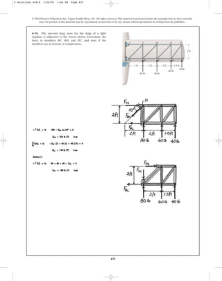 435
© 2010 Pearson Education, Inc., Upper Saddle River, NJ. All rights reserved.This material is protected under all copyright laws as they currently
exist. No portion of this material may be reproduced, in any form or by any means, without permission in writing from the publisher.
6–31. The internal drag truss for the wing of a light
airplane is subjected to the forces shown. Determine the
force in members BC, BH, and HC, and state if the
members are in tension or compression.
2 ft
A B C D
J I H G
E
F
2 ft 2 ft 2 ft 1.5 ft
80 lb 80 lb
60 lb
40 lb
6 Solutions 44918 1/26/09 1:46 PM Page 435
 