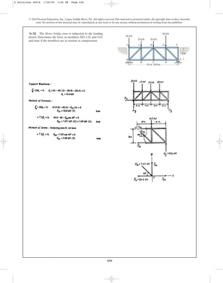 436
© 2010 Pearson Education, Inc., Upper Saddle River, NJ. All rights reserved.This material is protected under all copyright laws as they currently
exist. No portion of this material may be reproduced, in any form or by any means, without permission in writing from the publisher.
*6–32. The Howe bridge truss is subjected to the loading
shown. Determine the force in members HD, CD, and GD,
and state if the members are in tension or compression.
A E
B C D
I
J
30 kN
20 kN 20 kN
40 kN
H G F
4 m
16 m, 4@4m
6 Solutions 44918 1/26/09 1:46 PM Page 436
 
