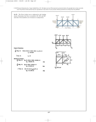 437
© 2010 Pearson Education, Inc., Upper Saddle River, NJ. All rights reserved.This material is protected under all copyright laws as they currently
exist. No portion of this material may be reproduced, in any form or by any means, without permission in writing from the publisher.
•6–33. The Howe bridge truss is subjected to the loading
shown. Determine the force in members HI, HB, and BC,
and state if the members are in tension or compression.
A E
B C D
I
J
30 kN
20 kN 20 kN
40 kN
H G F
4 m
16 m, 4@4m
6 Solutions 44918 1/26/09 1:46 PM Page 437
 