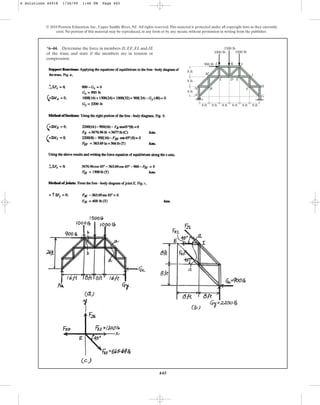 445
© 2010 Pearson Education, Inc., Upper Saddle River, NJ. All rights reserved.This material is protected under all copyright laws as they currently
exist. No portion of this material may be reproduced, in any form or by any means, without permission in writing from the publisher.
*6–44. Determine the force in members JI, EF, EI, and JE
of the truss, and state if the members are in tension or
compression.
8 ft
8 ft
8 ft
900 lb
1500 lb
1000 lb
1000 lb
A G
N B
H
F
M
C D E
I
J
L K
8 ft 8 ft 8 ft 8 ft 8 ft 8 ft
6 Solutions 44918 1/26/09 1:46 PM Page 445
 