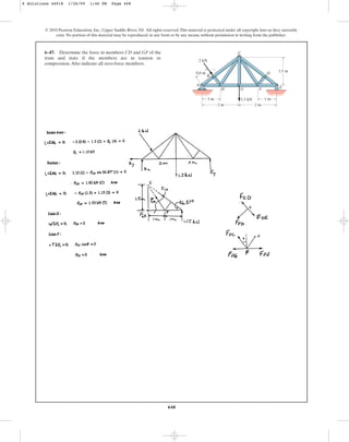 448
© 2010 Pearson Education, Inc., Upper Saddle River, NJ. All rights reserved.This material is protected under all copyright laws as they currently
exist. No portion of this material may be reproduced, in any form or by any means, without permission in writing from the publisher.
6–47. Determine the force in members CD and GF of the
truss and state if the members are in tension or
compression.Also indicate all zero-force members.
1.5 m
2 m
2 m
1 m 1 m
0.8 m
2 kN
1.5 kN
A
H
B
D
G
C
F E
6 Solutions 44918 1/26/09 1:46 PM Page 448
 