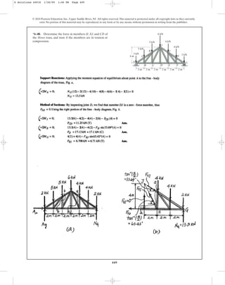 449
© 2010 Pearson Education, Inc., Upper Saddle River, NJ. All rights reserved.This material is protected under all copyright laws as they currently
exist. No portion of this material may be reproduced, in any form or by any means, without permission in writing from the publisher.
*6–48. Determine the force in members IJ, EJ, and CD of
the Howe truss, and state if the members are in tension or
compression.
2 kN
3 kN
4 kN
5 kN
4 kN
6 kN
5 kN
B
A
C D E F
G
H
I
J
K
L
2 m
4 m
2 m 2 m 2 m 2 m 2 m
6 Solutions 44918 1/26/09 1:46 PM Page 449
 