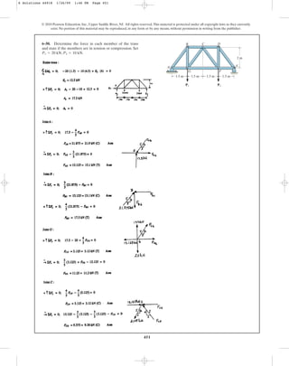 451
© 2010 Pearson Education, Inc., Upper Saddle River, NJ. All rights reserved.This material is protected under all copyright laws as they currently
exist. No portion of this material may be reproduced, in any form or by any means, without permission in writing from the publisher.
6–50. Determine the force in each member of the truss
and state if the members are in tension or compression. Set
, .
P2 = 10 kN
P1 = 20 kN
A
G F
E
D
C
B
P2
P1
1.5 m 1.5 m 1.5 m 1.5 m
2 m
6 Solutions 44918 1/26/09 1:46 PM Page 451
 