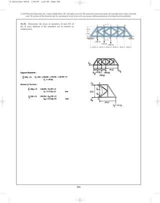 456
© 2010 Pearson Education, Inc., Upper Saddle River, NJ. All rights reserved.This material is protected under all copyright laws as they currently
exist. No portion of this material may be reproduced, in any form or by any means, without permission in writing from the publisher.
•6–53. Determine the force in members JI and DE of
the K truss. Indicate if the members are in tension or
compression.
1800 lb
15 ft
15 ft
20 ft 20 ft 20 ft 20 ft 20 ft
A
B
I H
20 ft
L
M N O P
G
F
E
D
C
1500 lb
1200 lb
a b
J
K
a b
6 Solutions 44918 1/26/09 1:46 PM Page 456
 