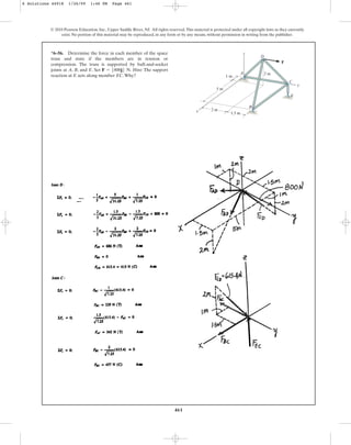 461
© 2010 Pearson Education, Inc., Upper Saddle River, NJ. All rights reserved.This material is protected under all copyright laws as they currently
exist. No portion of this material may be reproduced, in any form or by any means, without permission in writing from the publisher.
*6–56. Determine the force in each member of the space
truss and state if the members are in tension or
compression. The truss is supported by ball-and-socket
joints at A, B, and E. Set . Hint: The support
reaction at E acts along member EC.Why?
F = 5800j6 N
F
D
A
z
2 m
x
y
B
C
E
5 m
1 m
2 m
1.5 m
6 Solutions 44918 1/26/09 1:46 PM Page 461
 