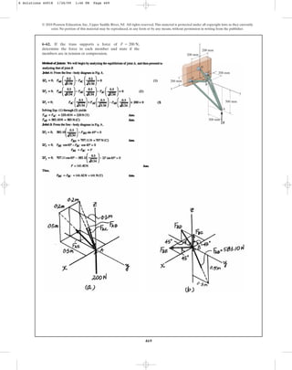 469
© 2010 Pearson Education, Inc., Upper Saddle River, NJ. All rights reserved.This material is protected under all copyright laws as they currently
exist. No portion of this material may be reproduced, in any form or by any means, without permission in writing from the publisher.
6–62. If the truss supports a force of ,
determine the force in each member and state if the
members are in tension or compression.
F = 200 N
y
D
E
F
x
z
C
B
A
200 mm
200 mm
200 mm
200 mm
500 mm
300 mm
6 Solutions 44918 1/26/09 1:46 PM Page 469
 
