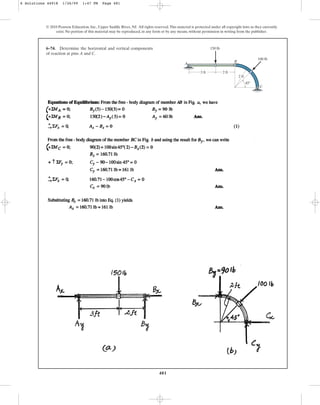 481
© 2010 Pearson Education, Inc., Upper Saddle River, NJ. All rights reserved.This material is protected under all copyright laws as they currently
exist. No portion of this material may be reproduced, in any form or by any means, without permission in writing from the publisher.
6–74. Determine the horizontal and vertical components
of reaction at pins A and C.
B
A
C
2 ft
3 ft
150 lb
100 lb
2 ft
45
6 Solutions 44918 1/26/09 1:47 PM Page 481
 