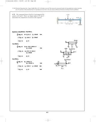 482
© 2010 Pearson Education, Inc., Upper Saddle River, NJ. All rights reserved.This material is protected under all copyright laws as they currently
exist. No portion of this material may be reproduced, in any form or by any means, without permission in writing from the publisher.
6–75. The compound beam is fixed at A and supported by
rockers at B and C. There are hinges (pins) at D and E.
Determine the components of reaction at the supports.
6 m
2 m
6 m
30 kN  m
2 m 2 m
15 kN
A D B E
C
6 Solutions 44918 1/26/09 1:47 PM Page 482
 