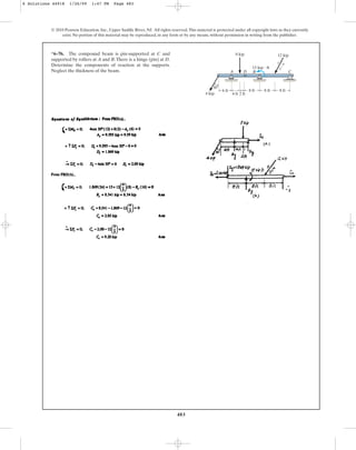 483
© 2010 Pearson Education, Inc., Upper Saddle River, NJ. All rights reserved.This material is protected under all copyright laws as they currently
exist. No portion of this material may be reproduced, in any form or by any means, without permission in writing from the publisher.
*6–76. The compound beam is pin-supported at C and
supported by rollers at A and B.There is a hinge (pin) at D.
Determine the components of reaction at the supports.
Neglect the thickness of the beam. A D B C
8 ft
3
4
5
8 ft
12 kip
15 kip  ft
4 kip
30
8 kip
8 ft
4 ft 2 ft
6 ft
6 Solutions 44918 1/26/09 1:47 PM Page 483
 