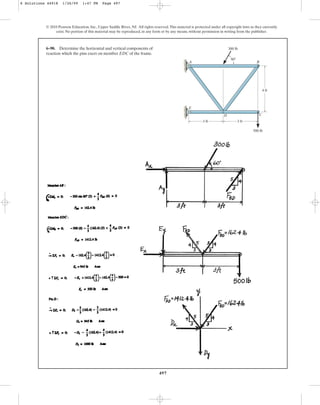 497
© 2010 Pearson Education, Inc., Upper Saddle River, NJ. All rights reserved.This material is protected under all copyright laws as they currently
exist. No portion of this material may be reproduced, in any form or by any means, without permission in writing from the publisher.
6–90. Determine the horizontal and vertical components of
reaction which the pins exert on member EDC of the frame.
A
E
B
C
D
500 lb
300 lb
3 ft 3 ft
4 ft
60
6 Solutions 44918 1/26/09 1:47 PM Page 497
 