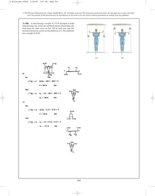 515
© 2010 Pearson Education, Inc., Upper Saddle River, NJ. All rights reserved.This material is protected under all copyright laws as they currently
exist. No portion of this material may be reproduced, in any form or by any means, without permission in writing from the publisher.
*6–108. A man having a weight of 175 lb attempts to hold
himself using one of the two methods shown. Determine the
total force he must exert on bar AB in each case and the
normal reaction he exerts on the platform at C.The platform
has a weight of 30 lb.
C C
A B
A B
(a) (b)
6 Solutions 44918 1/26/09 1:47 PM Page 515
 