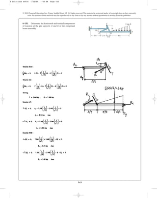 543
© 2010 Pearson Education, Inc., Upper Saddle River, NJ. All rights reserved.This material is protected under all copyright laws as they currently
exist. No portion of this material may be reproduced, in any form or by any means, without permission in writing from the publisher.
6–135. Determine the horizontal and vertical components
of reaction at the pin supports A and E of the compound
beam assembly. 2 ft
2 kip/ft
1 ft
3 ft 6 ft
2 ft
1 ft
A
C
E
D
B
6 Solutions 44918 1/26/09 1:48 PM Page 543
 