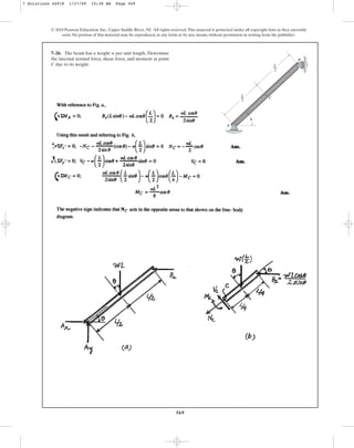 569
© 2010 Pearson Education, Inc., Upper Saddle River, NJ. All rights reserved.This material is protected under all copyright laws as they currently
exist. No portion of this material may be reproduced, in any form or by any means, without permission in writing from the publisher.
7–26. The beam has a weight w per unit length. Determine
the internal normal force, shear force, and moment at point
C due to its weight.
B
A
C
L
––
2
L
––
2
u
7 Solutions 44918 1/27/09 10:38 AM Page 569
 