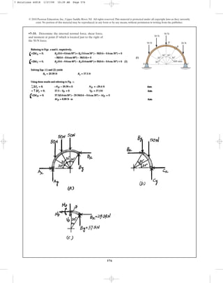 576
© 2010 Pearson Education, Inc., Upper Saddle River, NJ. All rights reserved.This material is protected under all copyright laws as they currently
exist. No portion of this material may be reproduced, in any form or by any means, without permission in writing from the publisher.
•7–33. Determine the internal normal force, shear force,
and moment at point D which is located just to the right of
the 50-N force.
50 N
50 N
50 N
50 N
600 mm
D
C
B
A
30
30
30 30
30
7 Solutions 44918 1/27/09 10:39 AM Page 576
 