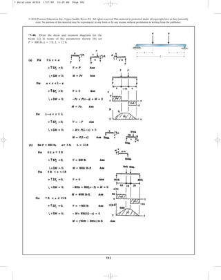 582
© 2010 Pearson Education, Inc., Upper Saddle River, NJ. All rights reserved.This material is protected under all copyright laws as they currently
exist. No portion of this material may be reproduced, in any form or by any means, without permission in writing from the publisher.
*7–40. Draw the shear and moment diagrams for the
beam (a) in terms of the parameters shown; (b) set
L = 12 ft.
a = 5 ft,
P = 800 lb,
a a
L
P P
7 Solutions 44918 1/27/09 10:39 AM Page 582
 