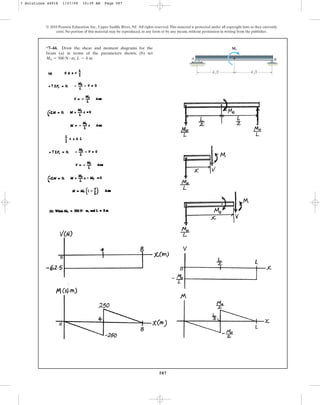 587
© 2010 Pearson Education, Inc., Upper Saddle River, NJ. All rights reserved.This material is protected under all copyright laws as they currently
exist. No portion of this material may be reproduced, in any form or by any means, without permission in writing from the publisher.
*7–44. Draw the shear and moment diagrams for the
beam (a) in terms of the parameters shown; (b) set
, .
L = 8 m
M0 = 500 N # m
L/2 L/2
M0
A B
7 Solutions 44918 1/27/09 10:39 AM Page 587
 
