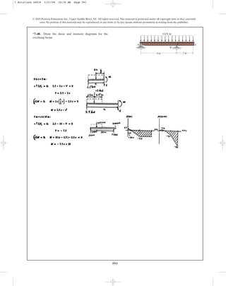 593
© 2010 Pearson Education, Inc., Upper Saddle River, NJ. All rights reserved.This material is protected under all copyright laws as they currently
exist. No portion of this material may be reproduced, in any form or by any means, without permission in writing from the publisher.
*7–48. Draw the shear and moment diagrams for the
overhang beam.
A
B
C
4 m 2 m
8 kN/m
7 Solutions 44918 1/27/09 10:39 AM Page 593
 