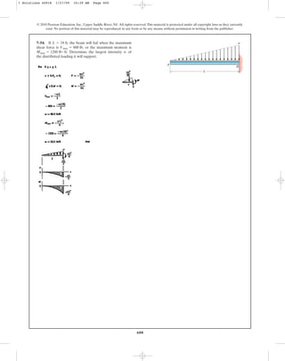 600
© 2010 Pearson Education, Inc., Upper Saddle River, NJ. All rights reserved.This material is protected under all copyright laws as they currently
exist. No portion of this material may be reproduced, in any form or by any means, without permission in writing from the publisher.
7–54. If the beam will fail when the maximum
shear force is or the maximum moment is
Determine the largest intensity of
the distributed loading it will support.
w
Mmax = 1200 lb # ft.
Vmax = 800 lb,
L = 18 ft,
L
w
A
B
7 Solutions 44918 1/27/09 10:39 AM Page 600
 