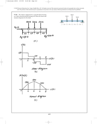 615
© 2010 Pearson Education, Inc., Upper Saddle River, NJ. All rights reserved.This material is protected under all copyright laws as they currently
exist. No portion of this material may be reproduced, in any form or by any means, without permission in writing from the publisher.
•7–65. The shaft is supported by a smooth thrust bearing
at A and a smooth journal bearing at B. Draw the shear and
moment diagrams for the shaft.
300 lb
600 lb
400 lb
B
A
2 ft 2 ft
2 ft 2 ft
7 Solutions 44918 1/27/09 10:39 AM Page 615
 