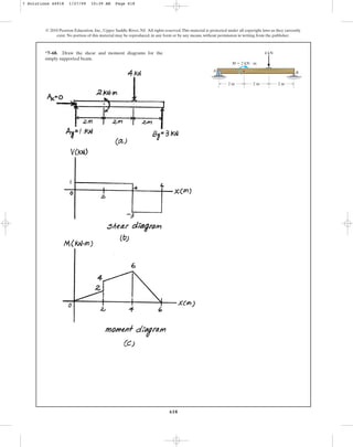 618
© 2010 Pearson Education, Inc., Upper Saddle River, NJ. All rights reserved.This material is protected under all copyright laws as they currently
exist. No portion of this material may be reproduced, in any form or by any means, without permission in writing from the publisher.
A B
M  2 kN  m
4 kN
2 m 2 m 2 m
*7–68. Draw the shear and moment diagrams for the
simply supported beam.
7 Solutions 44918 1/27/09 10:39 AM Page 618
 